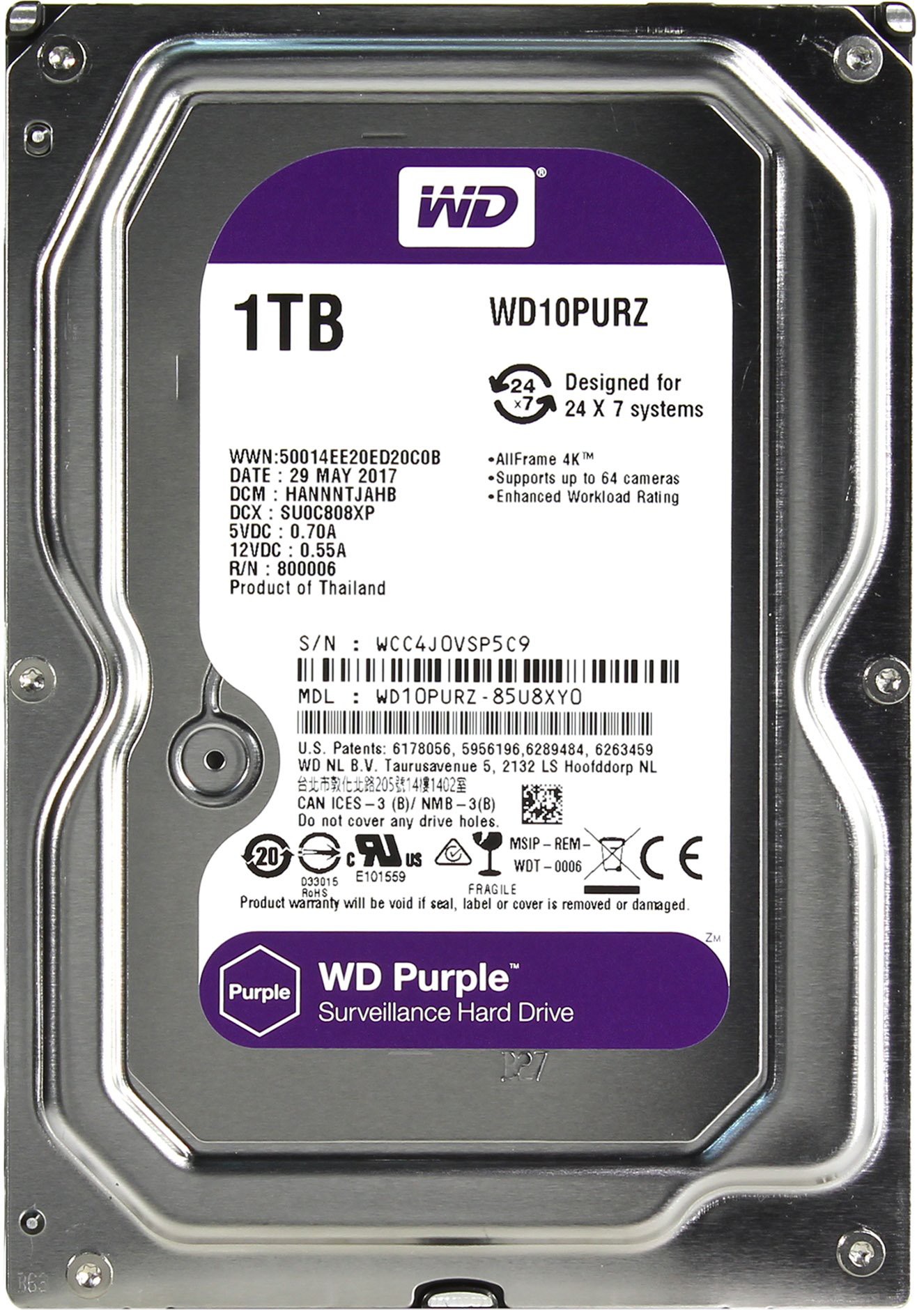   1Tb Western Digital WD10PURZ Purple (SATA-6Gb/s, 5400rpm, 64b)