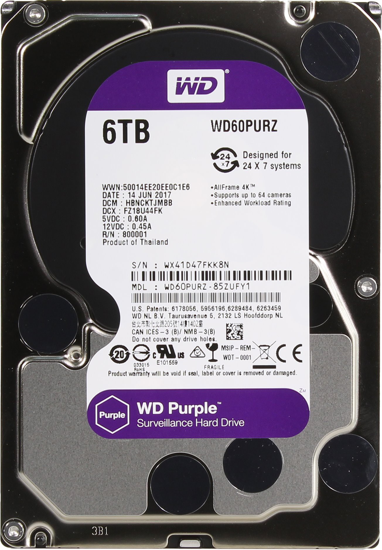 Жесткий диск 6Tb Western Digital WD60PURZ Purple (SATA-6Gb, 5400rpm, 64Мb)