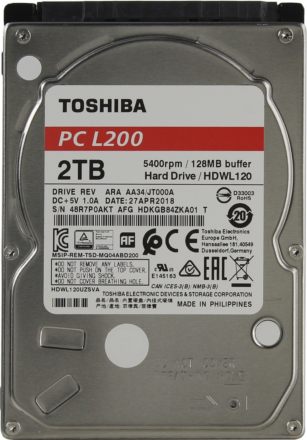 Жесткий диск 2Tb Toshiba L200 (HDWL120UZSVA) (SATA-6Gb/s, 5400rpm, 128Mb)