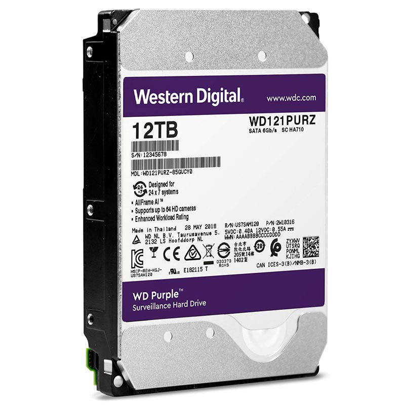Жесткий диск 12Tb Western Digital Purple (WD121PURZ) (3.5", SATA-3, 7200rpm, 256Mb) для видеонаблюдения