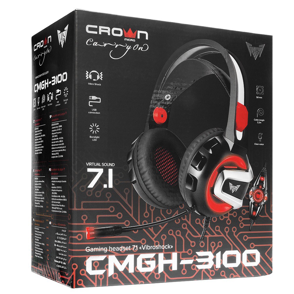 Наушники Crown CMGH-3100 Black/Red (накладные, закрытые, USB, вибро, подсветка, 20-20000Гц, 32 Ом)