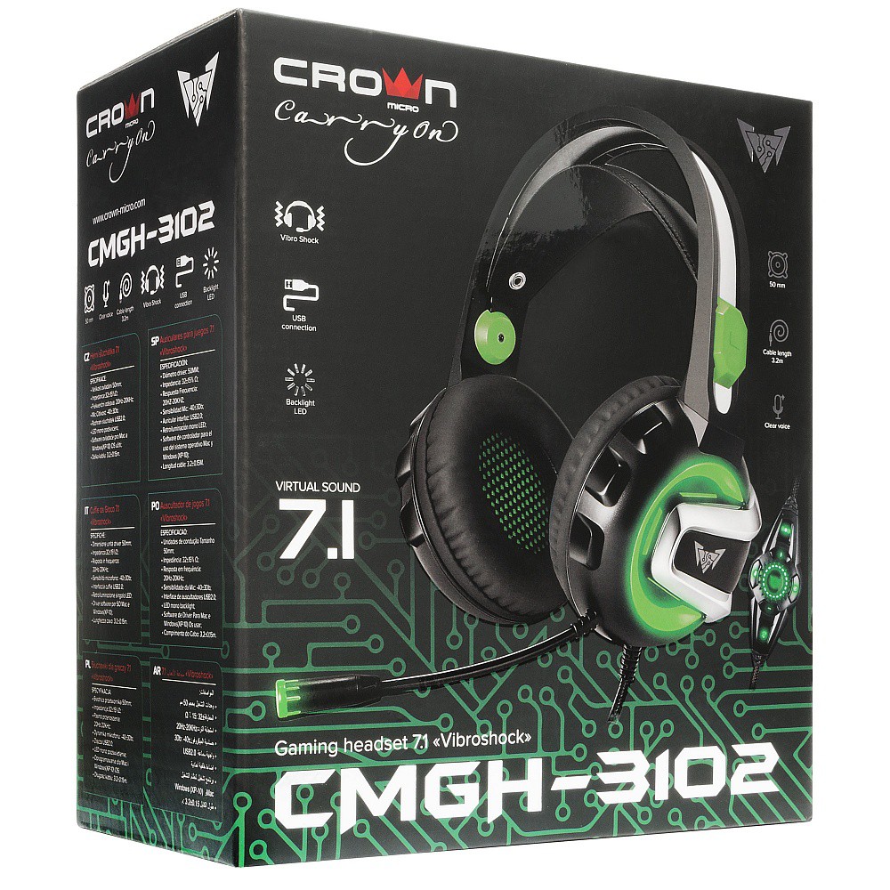 Наушники Crown CMGH-3102 Black/Green (накладные, закрытые, USB, вибро, подсветка, 20-20000Гц, 32 Ом)