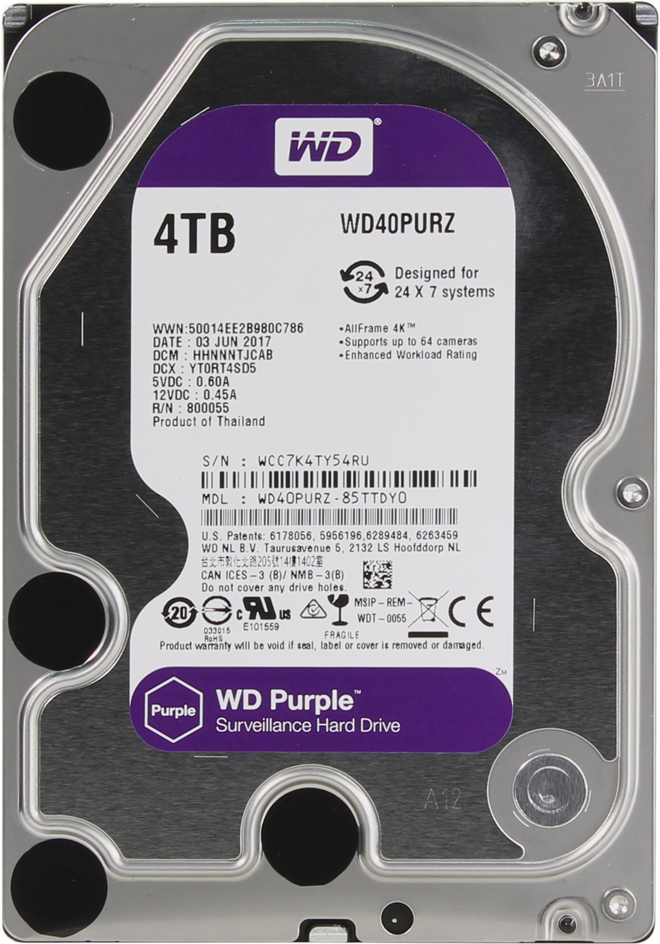   4Tb Western Digital WD40PURZ Purple (SATA-6b/s, 5400rpm, 64b)