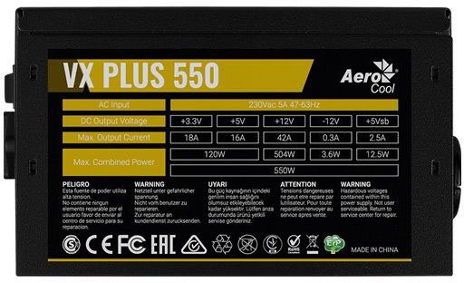   550W Aerocool VX-550 PLUS (24+8pin, 1x6/8pin, 3xMolex, 3xSATA)