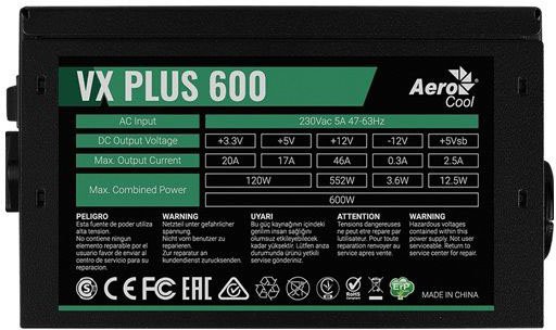   600W Aerocool VX-600 PLUS (24+8pin, 2x6/8pin, 3xMolex, 4xSATA)