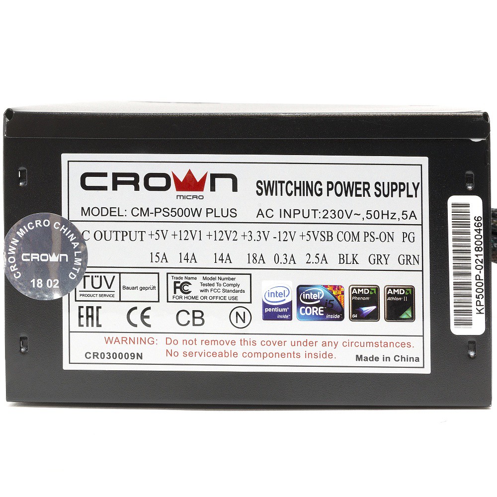   500W Crown CM-PS500W PLUS (120, 24+8pin, 1x6/8pin, 4xMolex, 4xSATA)