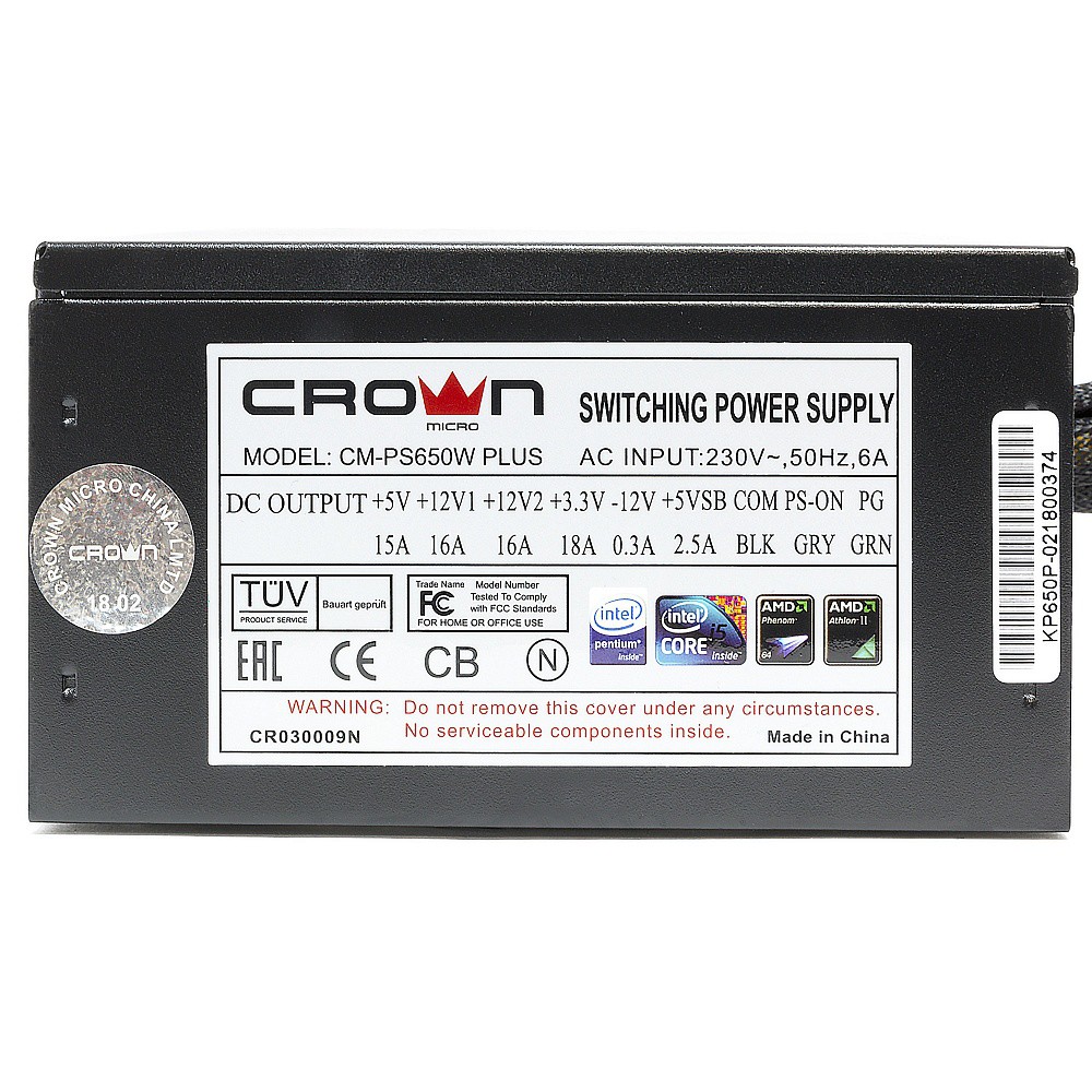   650W Crown CM-PS650W PLUS (140 Red LED, 24+8pin, 1x6/8pin, 4xMolex, 4xSATA)
