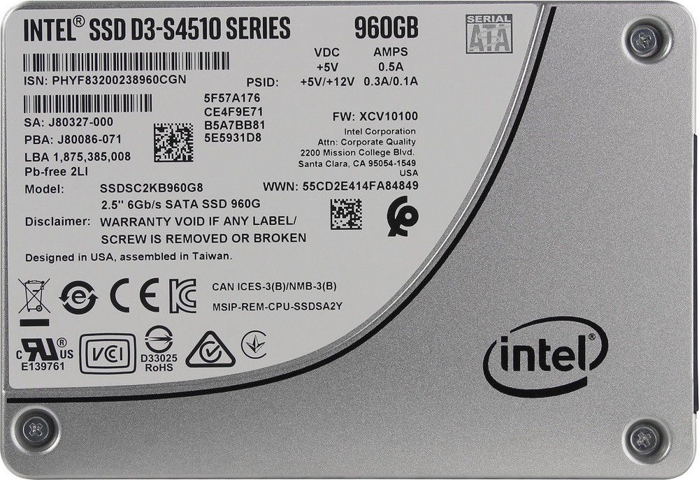 Жесткий диск SSD 960Gb Intel D3-S4510 (SSDSC2KB960G801) (SATA-6Gb/s, 2.5", 560/510Mb/s)