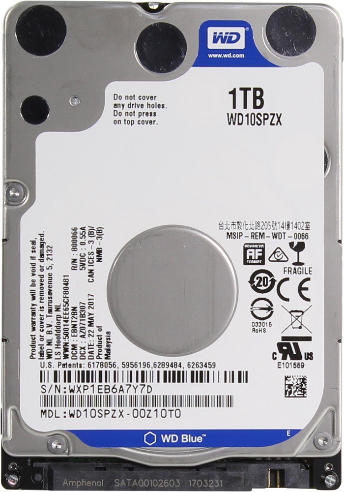Жесткий диск 1Tb Western Digital WD10SPZX Blue (SATA-6Gb/s, 5400rpm, 128Mb)