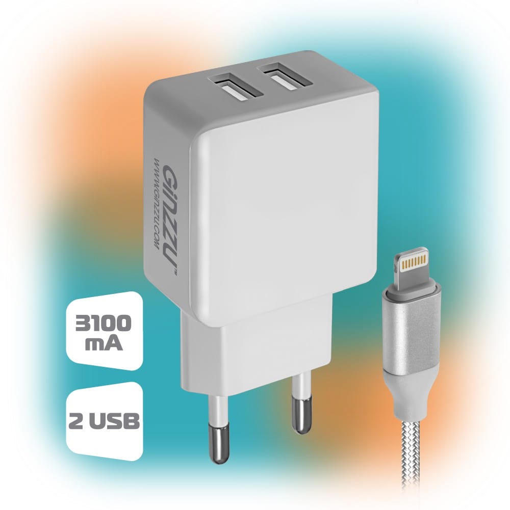 Зарядное устройство GINZZU GA-3313UW Белый 5В/3.1A, 2xUSB + кабель 8pin APPLE, для мобильных устройств