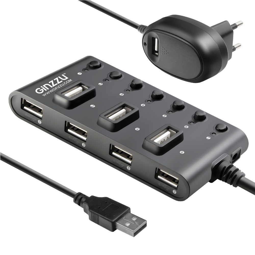 Разветвитель USB GINZZU GR-487UAB 7 port USB 2.0 + adapter