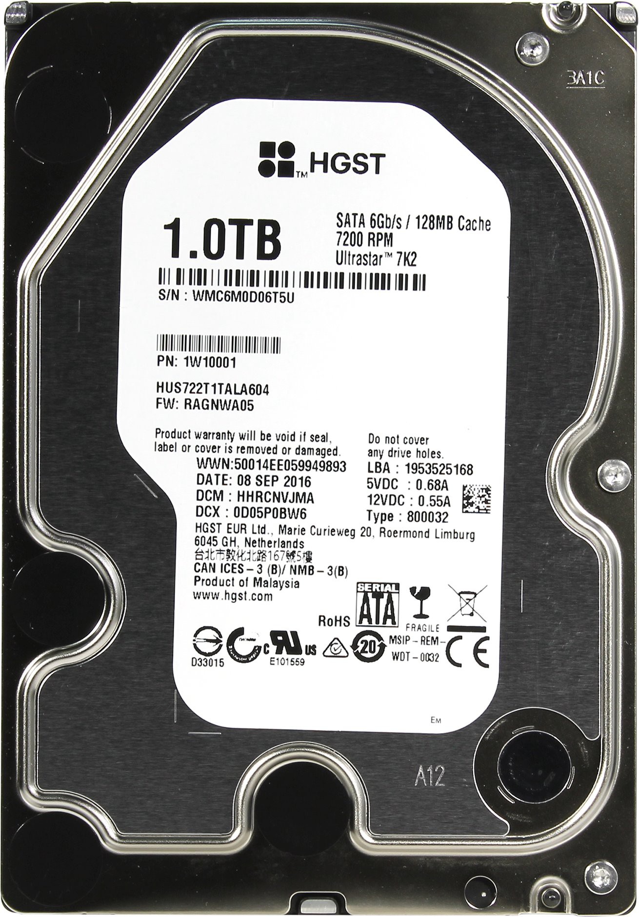 Жесткий диск 1Tb Hitachi Ultrastar 7K2 (HUS722T1TALA604) (SATA-6Gb/s, 7200rpm, 128Mb)