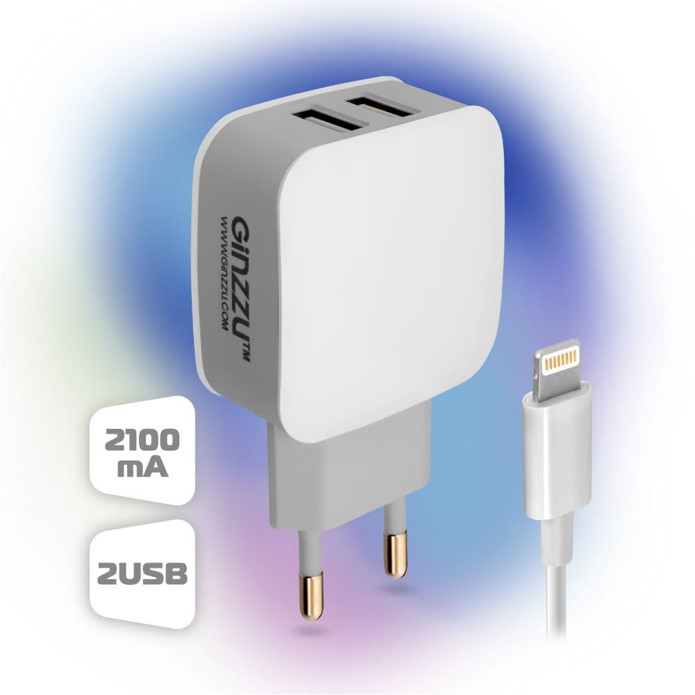 Зарядное устройство Ginzzu GA-3010UW White (2xUSB, 5В/2.1A, +mUSB кабель)