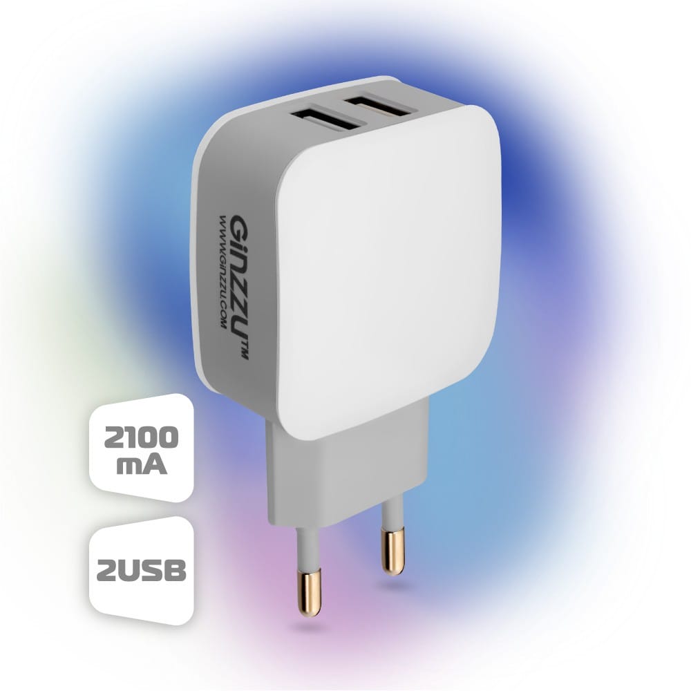 Зарядное устройство Ginzzu GA-3008W White (2xUSB, 5B/2.1A)